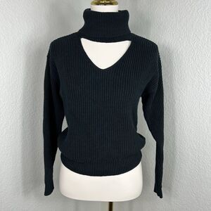 Bar III Women's Black V-Neck Cut-Out Rib Turtleneck Sweater Long Sleeve Size XS